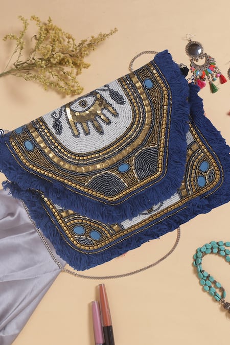 Nazaakat By Samara Singh Elephant Motif Beaded Fringe Boho Bag 