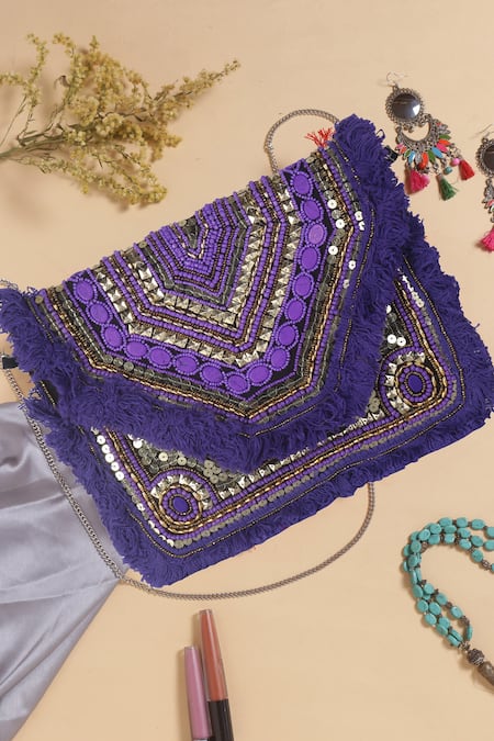 Nazaakat By Samara Singh Embellished Geometric Fringe Boho Bag