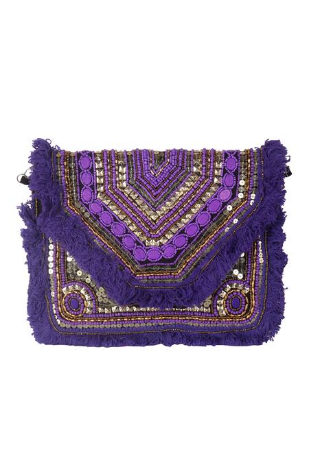 Nazaakat By Samara Singh_Purple Beads, Sequins, Studs, Fringe Embellished Geometric Boho Bag _at_Aza_Fashions