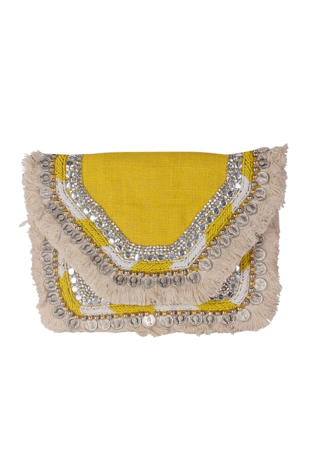 Shop_Nazaakat By Samara Singh_Yellow Fringe, Beads, Sequins And Coin Embellished Boho Bag _Online_at_Aza_Fashions