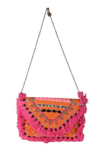 Nazaakat By Samara Singh Geometric Bead & Tassel Embroidered Boho Bag 