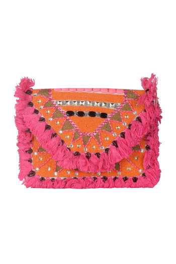 Shop_Nazaakat By Samara Singh_Pink Beads, Stones, Tassels, Rhinestones Geometric And Embroidered Boho Bag _Online_at_Aza_Fashions