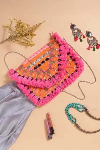 Nazaakat By Samara Singh Geometric Bead & Tassel Embroidered Boho Bag 