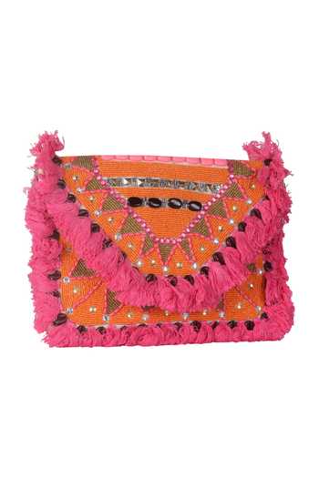 Nazaakat By Samara Singh_Pink Beads, Stones, Tassels, Rhinestones Geometric And Embroidered Boho Bag _at_Aza_Fashions