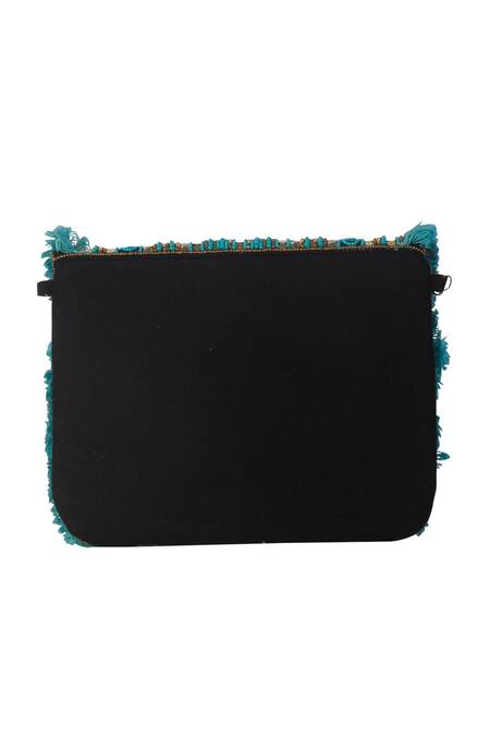 Nazaakat By Samara Singh_Aqua Beads, Sequins, Stones, Fringe Embellished Geometric Boho Bag _Online_at_Aza_Fashions