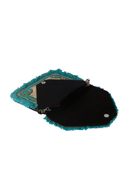 Buy_Nazaakat By Samara Singh_Aqua Beads, Sequins, Stones, Fringe Embellished Geometric Boho Bag _Online_at_Aza_Fashions