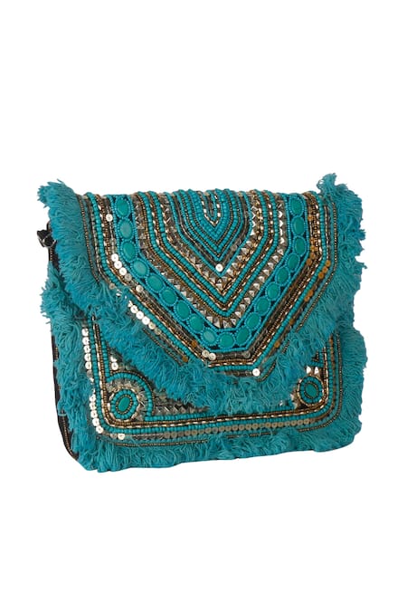 Shop_Nazaakat By Samara Singh_Aqua Beads, Sequins, Stones, Fringe Embellished Geometric Boho Bag _Online_at_Aza_Fashions