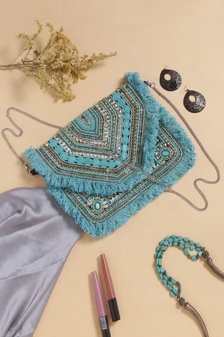 Nazaakat By Samara Singh Embellished Geometric Fringe Boho Bag 