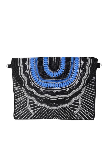 Shop_Nazaakat By Samara Singh_Black Beads, Sequins Beaded Geometric Pattern Clutch Bag _Online_at_Aza_Fashions