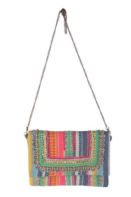 Nazaakat By Samara Singh Boho Striped Coin & Bead Embellished Bag 