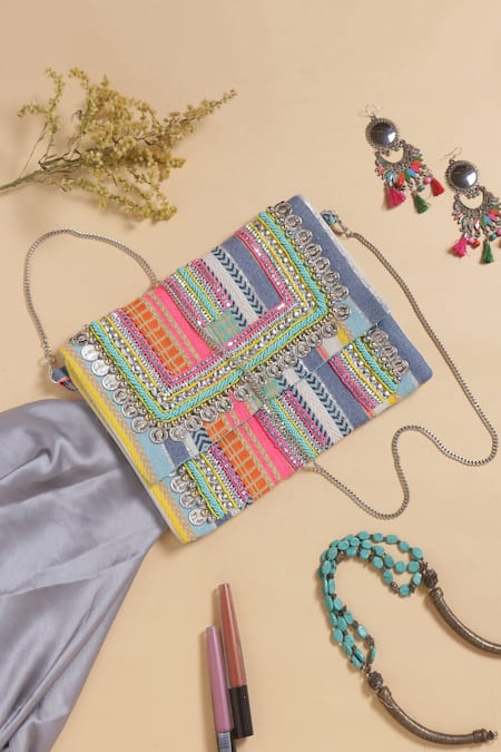 Nazaakat By Samara Singh Boho Striped Coin & Bead Embellished Bag 
