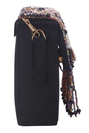 Shop_Nazaakat By Samara Singh_Black Beads, Pearls, Stones, Fringe Beaded And Shell Embellished Flap Bag _Online_at_Aza_Fashions
