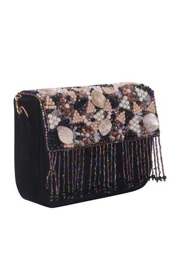 Nazaakat By Samara Singh_Black Beads, Pearls, Stones, Fringe Beaded And Shell Embellished Flap Bag _at_Aza_Fashions