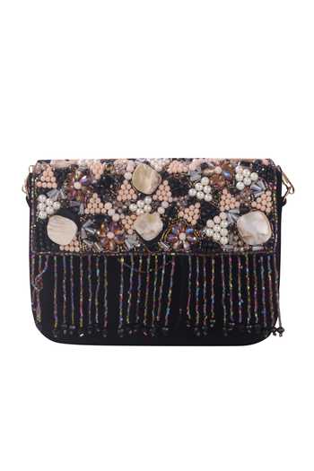Buy_Nazaakat By Samara Singh_Black Beads, Pearls, Stones, Fringe Beaded And Shell Embellished Flap Bag 