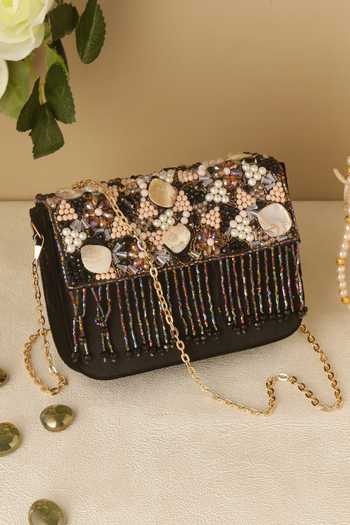 Buy Nazaakat By Samara Singh Black Beads, Pearls, Stones, Fringe Beaded And Shell Embellished Flap Bag at Aza Fashions Buy_Nazaakat By Samara Singh_Black Beads, Pearls, Stones, Fringe Beaded And Shell Embellished Flap Bag _at_Aza_Fashions