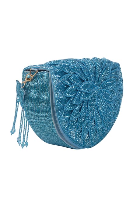 Buy_Nazaakat By Samara Singh_Aqua Beads, Tassels Floral Beaded Flap Bag With Detachable Handle _Online_at_Aza_Fashions
