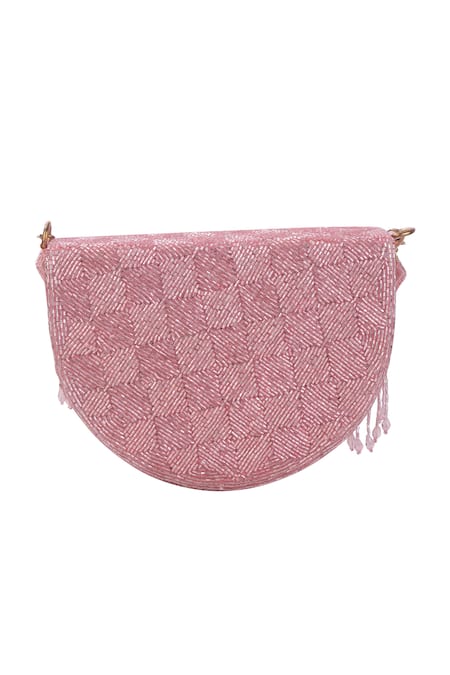 Shop_Nazaakat By Samara Singh_Pink Beads, Tassels Floral Embroidered Flap Bag _Online_at_Aza_Fashions