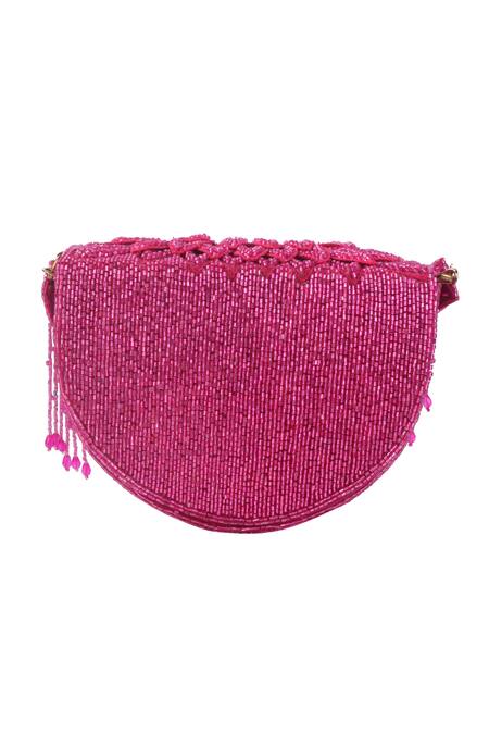 Nazaakat By Samara Singh_Fuchsia Beads, Tassels Floral Embroidered Flap Bag _Online_at_Aza_Fashions