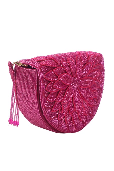 Buy_Nazaakat By Samara Singh_Fuchsia Beads, Tassels Floral Embroidered Flap Bag _Online_at_Aza_Fashions