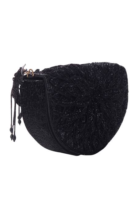 Shop_Nazaakat By Samara Singh_Black Beads, Tassels Embroidered Flap Bag With Detachable Handle _Online_at_Aza_Fashions