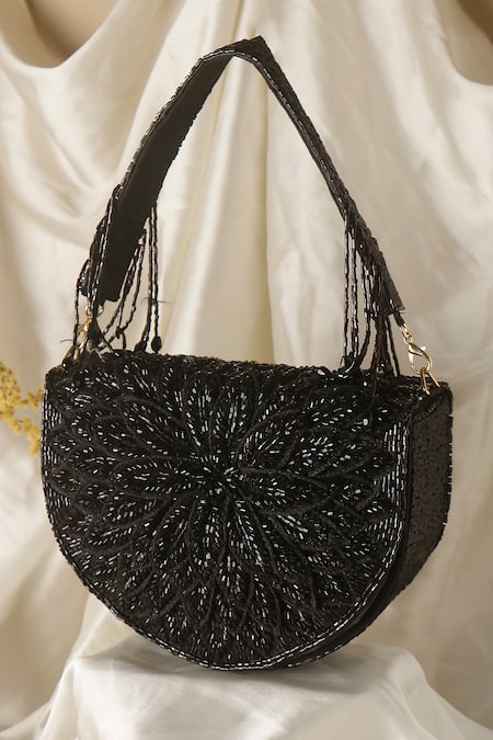 Nazaakat By Samara Singh Black Beads, Tassels Embroidered Flap Bag With Detachable Handle