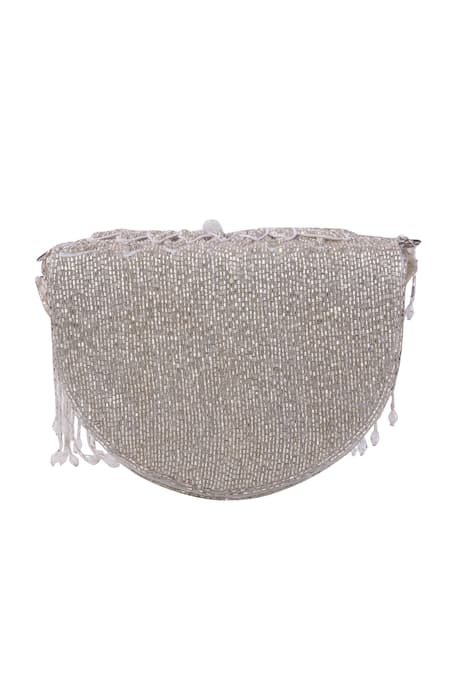 Buy_Nazaakat By Samara Singh_Silver Beads, Tassels Floral Beaded Flap Bag With Detachable Handle _Online_at_Aza_Fashions