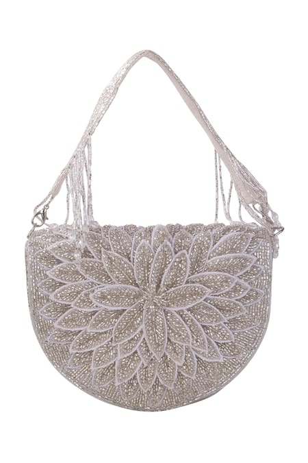 Shop_Nazaakat By Samara Singh_Silver Beads, Tassels Floral Beaded Flap Bag With Detachable Handle _at_Aza_Fashions
