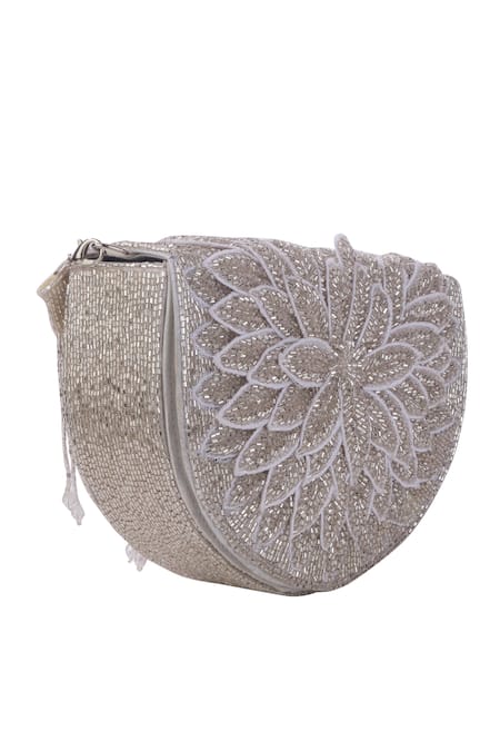 Shop_Nazaakat By Samara Singh_Silver Beads, Tassels Floral Beaded Flap Bag With Detachable Handle _Online_at_Aza_Fashions