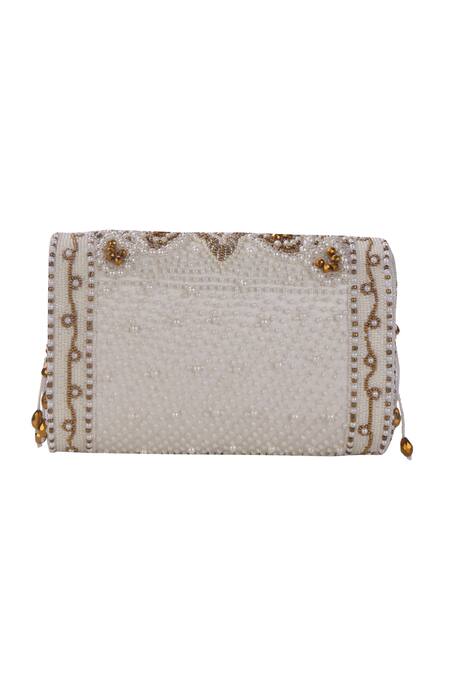 Nazaakat By Samara Singh_White Beads, Pearls, Stones, Tassels And Embellished Flap Bag _Online_at_Aza_Fashions