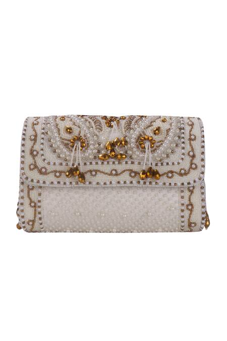 Shop_Nazaakat By Samara Singh_White Beads, Pearls, Stones, Tassels And Embellished Flap Bag _Online_at_Aza_Fashions