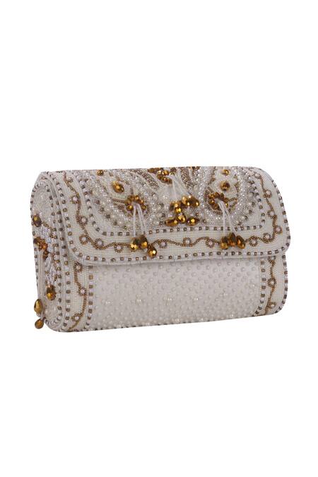 Nazaakat By Samara Singh_White Beads, Pearls, Stones, Tassels And Embellished Flap Bag _at_Aza_Fashions
