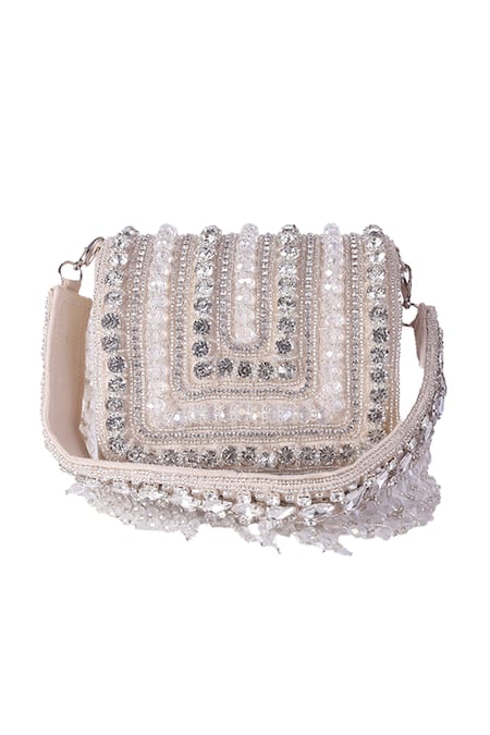 Shop Nazaakat By Samara Singh Off White Beads, Crystals, Embellished Flap Bag With Detachable Handle Online at Aza Fashions Shop_Nazaakat By Samara Singh_Off White Beads, Crystals, Embellished Flap Bag With Detachable Handle _Online_at_Aza_Fashions