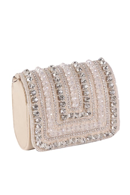 Buy_Nazaakat By Samara Singh_Off White Beads, Crystals, Embellished Flap Bag With Detachable Handle 
