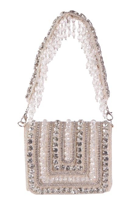 Shop_Nazaakat By Samara Singh_Off White Beads, Crystals, Embellished Flap Bag With Detachable Handle _at_Aza_Fashions