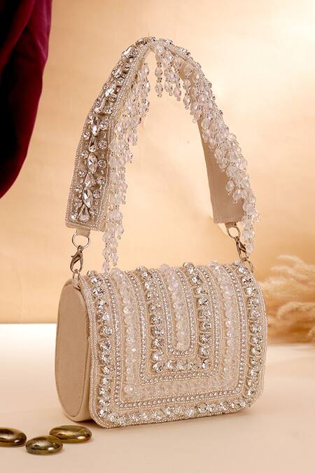 Nazaakat By Samara Singh Off White Beads, Crystals, Embellished Flap Bag With Detachable Handle 