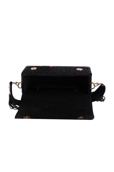 Nazaakat By Samara Singh_Black Beads, Embroidery, Sequins, Floral Beaded Flap Bag With Detachable Handle _Online_at_Aza_Fashions