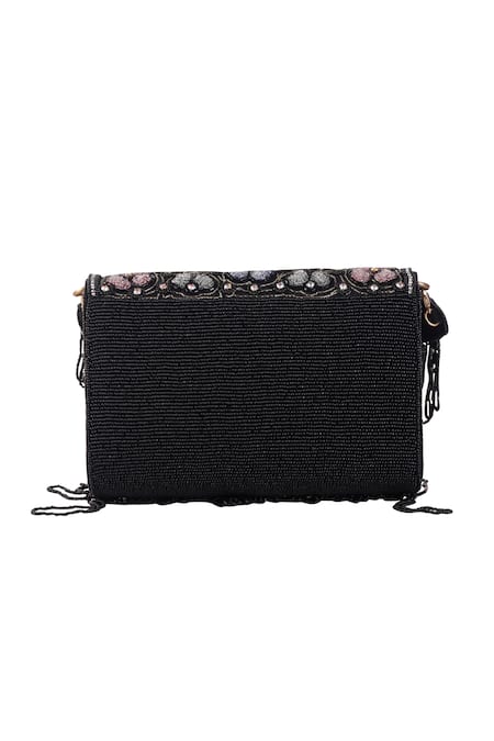 Buy_Nazaakat By Samara Singh_Black Beads, Embroidery, Sequins, Floral Beaded Flap Bag With Detachable Handle _Online_at_Aza_Fashions