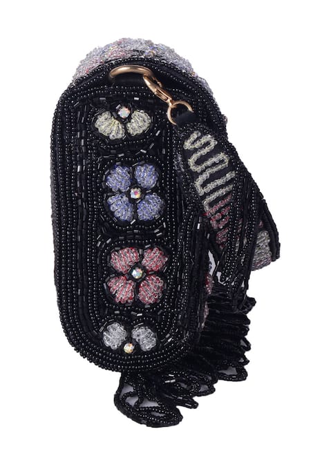 Shop_Nazaakat By Samara Singh_Black Beads, Embroidery, Sequins, Floral Beaded Flap Bag With Detachable Handle _Online_at_Aza_Fashions
