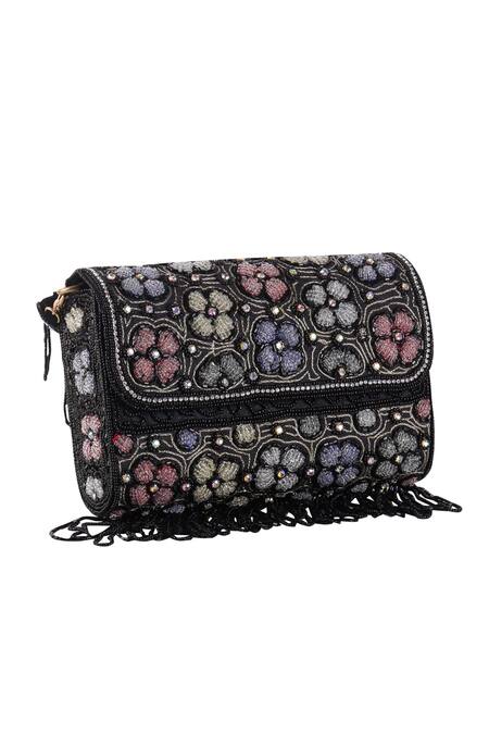 Nazaakat By Samara Singh_Black Beads, Embroidery, Sequins, Floral Beaded Flap Bag With Detachable Handle _at_Aza_Fashions
