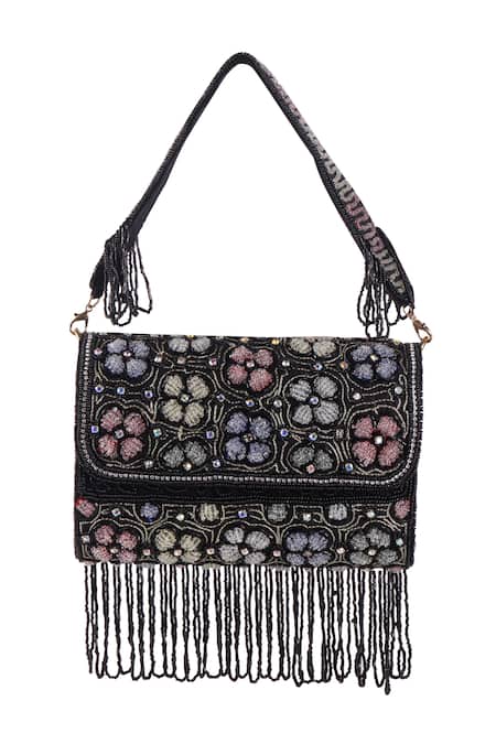Nazaakat By Samara Singh Floral Beaded Flap Bag with Detachable Handle 