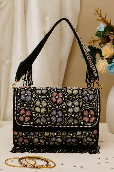 Nazaakat By Samara Singh Floral Beaded Flap Bag with Detachable Handle 