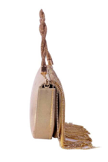 Nazaakat By Samara Singh Gold Rhinestones, Chains, Tassels Fringe Embellished Flap Bag With Handle Online at Aza Fashions Nazaakat By Samara Singh_Gold Rhinestones, Chains, Tassels Fringe Embellished Flap Bag With Handle _Online_at_Aza_Fashions