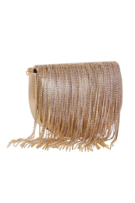 Shop_Nazaakat By Samara Singh_Gold Rhinestones, Chains, Tassels Fringe Embellished Flap Bag With Handle _Online_at_Aza_Fashions