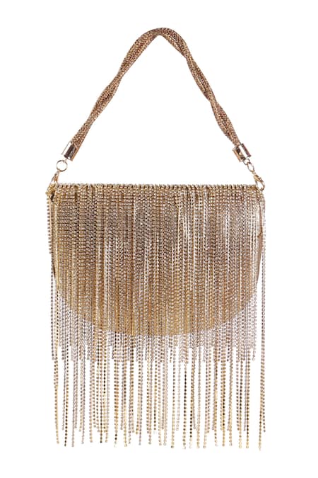 Shop_Nazaakat By Samara Singh_Gold Rhinestones, Chains, Tassels Fringe Embellished Flap Bag With Handle _at_Aza_Fashions