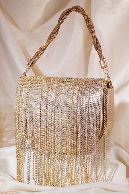 Nazaakat By Samara Singh Gold Rhinestones, Chains, Tassels Fringe Embellished Flap Bag With Handle 