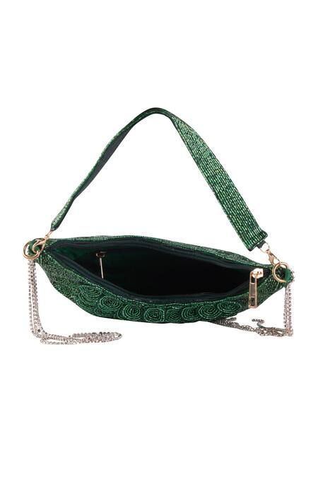 Nazaakat By Samara Singh_Green Beads, Rhinestones, Beaded Circular Pattern Clutch With Detachable Handle _Online_at_Aza_Fashions