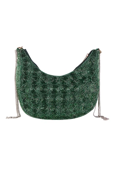 Buy_Nazaakat By Samara Singh_Green Beads, Rhinestones, Beaded Circular Pattern Clutch With Detachable Handle _Online_at_Aza_Fashions