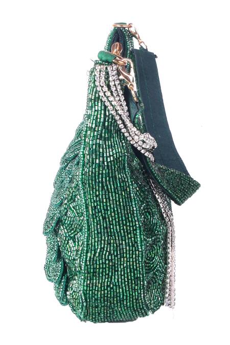 Shop_Nazaakat By Samara Singh_Green Beads, Rhinestones, Beaded Circular Pattern Clutch With Detachable Handle _Online_at_Aza_Fashions
