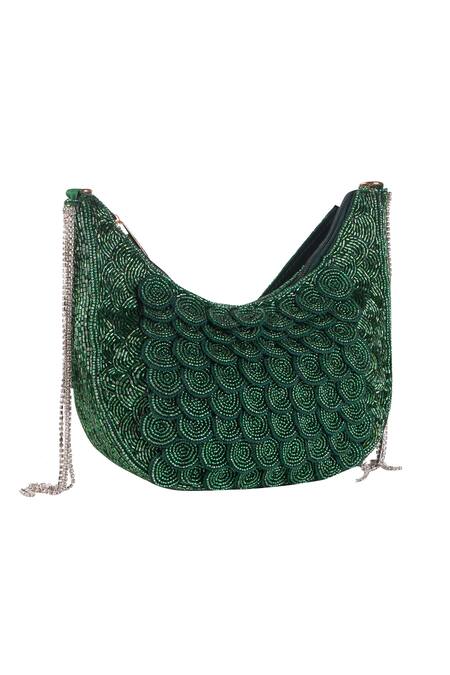 Nazaakat By Samara Singh_Green Beads, Rhinestones, Beaded Circular Pattern Clutch With Detachable Handle _at_Aza_Fashions