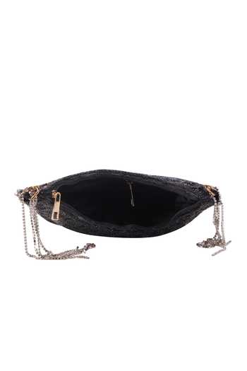 Nazaakat By Samara Singh_Black Beads, Rhinestones, Chains Beaded Circular Pattern Clutch With Fringe _Online_at_Aza_Fashions